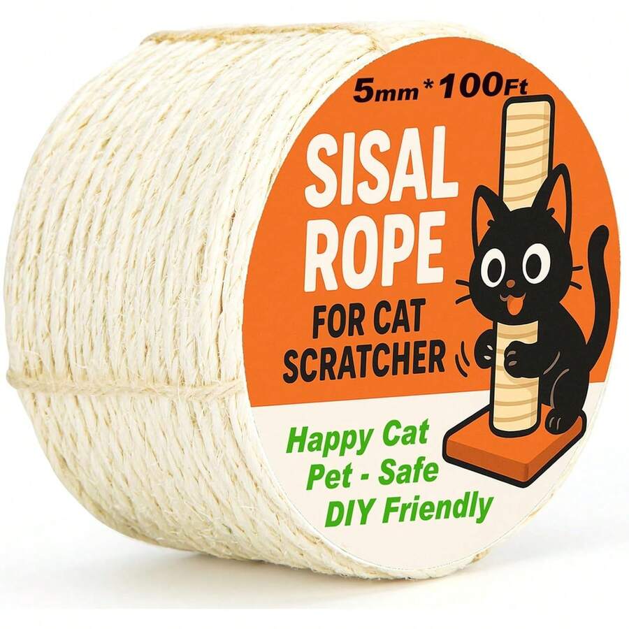 White 5mm natural sisal rope, 100 feet roll for cat tree repair and scratching post replacement.