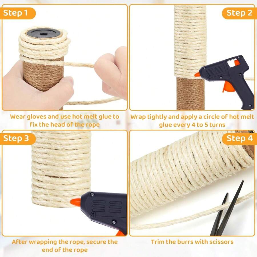 White 5mm natural sisal rope, 100 feet roll for cat tree repair and scratching post replacement.