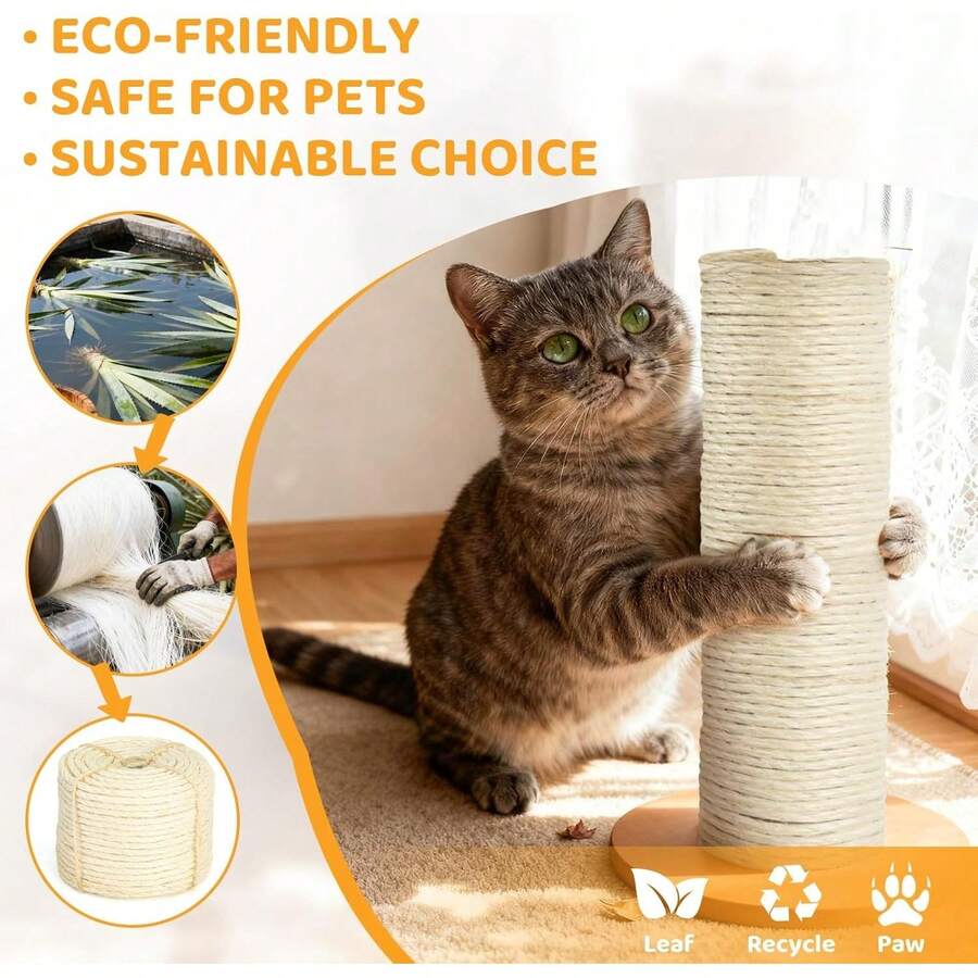 White 5mm natural sisal rope, 100 feet roll for cat tree repair and scratching post replacement.