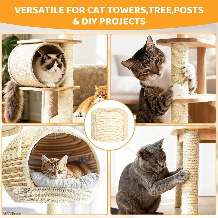 White 5mm natural sisal rope, 100 feet roll for cat tree repair and scratching post replacement.