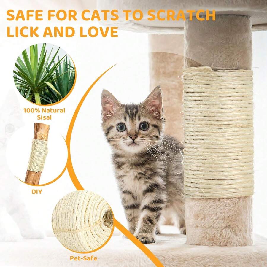 White 5mm natural sisal rope, 100 feet roll for cat tree repair and scratching post replacement.