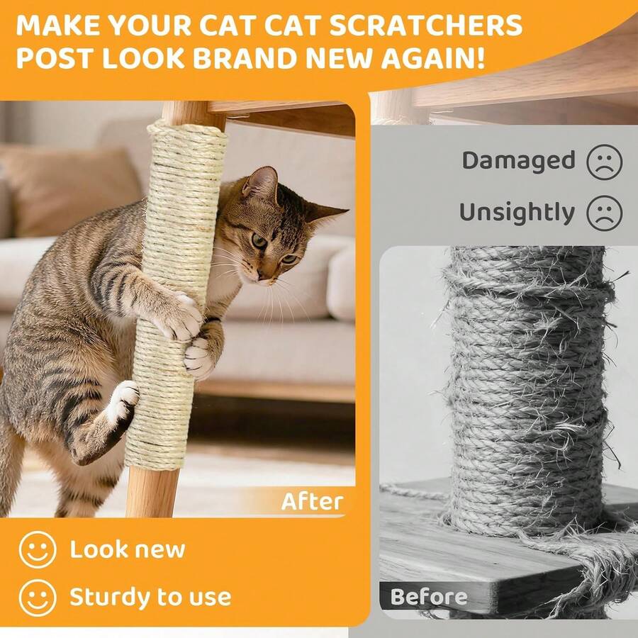 White 5mm natural sisal rope, 100 feet roll for cat tree repair and scratching post replacement.
