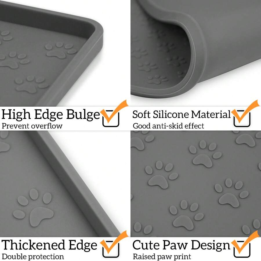 Beige silicone pet placemat with embossed paw print accents designed to catch food and water spills for dogs and cats.