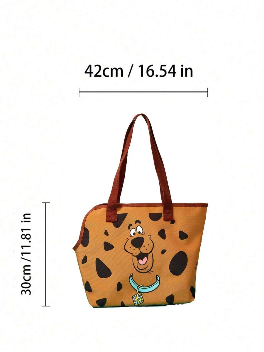 Brown soft-sided pet carrier tote bag featuring a cartoon dog print, carrying handles, and a detachable shoulder strap for travel.