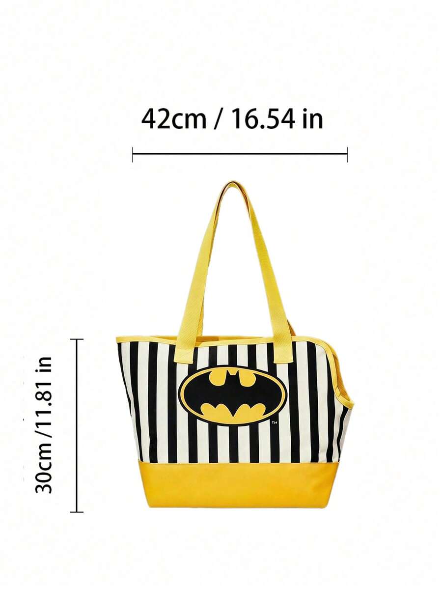 Black, yellow, and white striped pet carrier tote bag with a yellow bat logo for small pets.