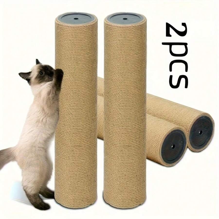 Multicolor wooden cat scratch pole activity center featuring a scratching post, two horizontal ball tracks, an interactive feather toy, and hanging sisal balls.
