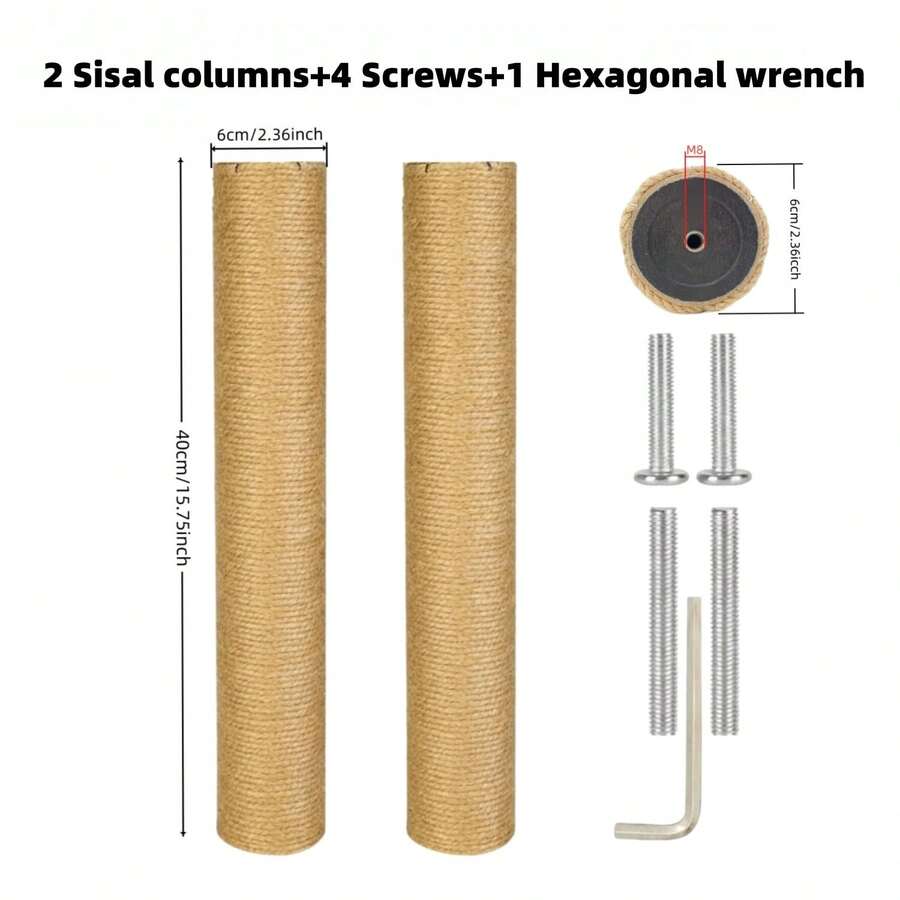 Multicolor wooden cat scratch pole activity center featuring a scratching post, two horizontal ball tracks, an interactive feather toy, and hanging sisal balls.