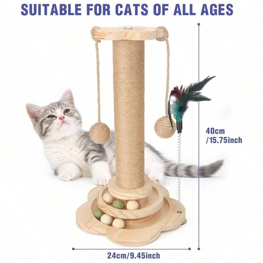 Multicolor wooden cat scratch pole activity center featuring a scratching post, two horizontal ball tracks, an interactive feather toy, and hanging sisal balls.