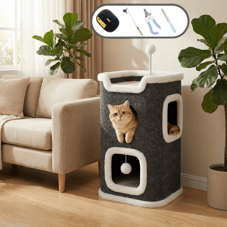 Multi-level cozy cat tree villa tower featuring a sisal scratching post and warm soft condo for indoor cats.