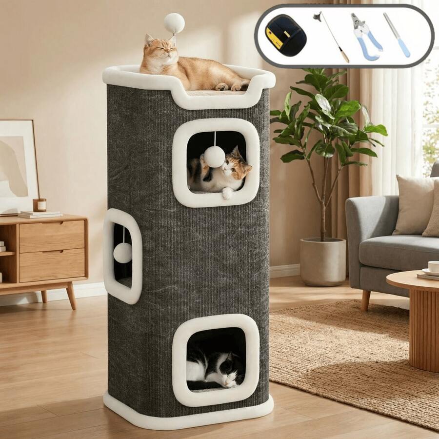 Multi-level cozy cat tree villa tower featuring a sisal scratching post and warm soft condo for indoor cats.