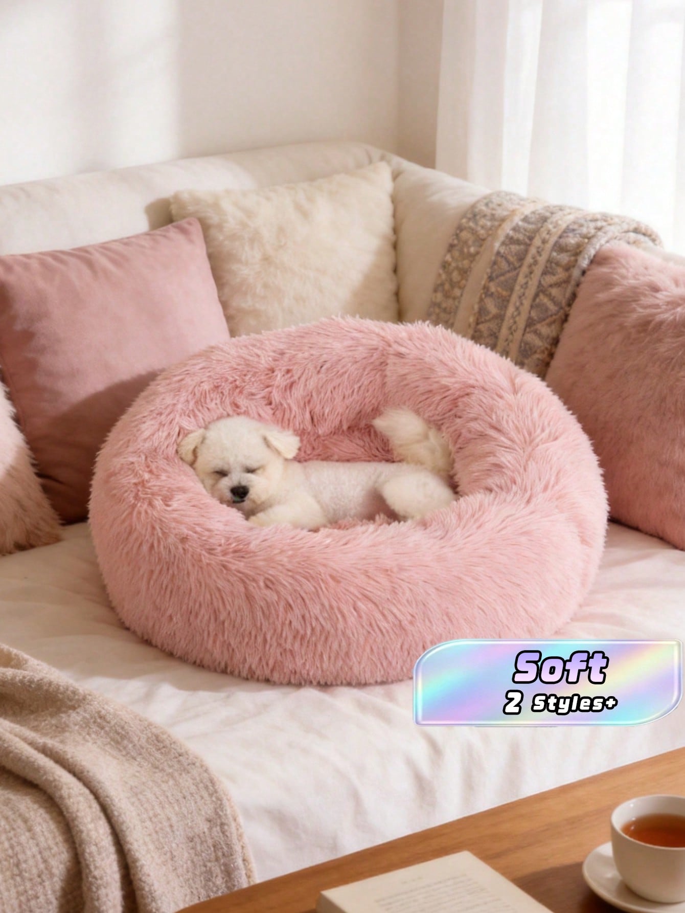 Pink plush round pet bed soft sleep cushion for cats and dogs filled with polypropylene fibers