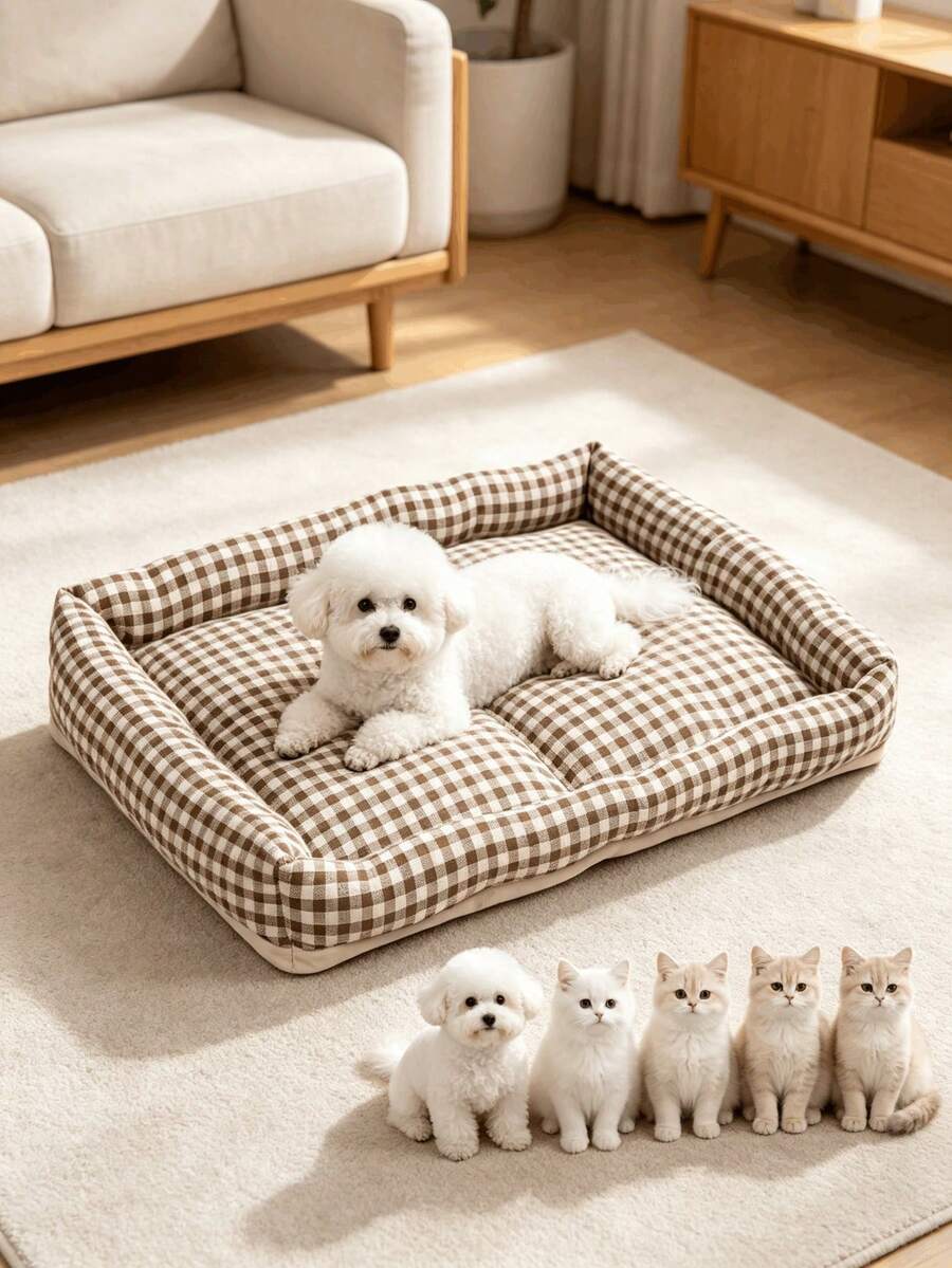 Square brown and white plaid pet bed mat for dogs and cats