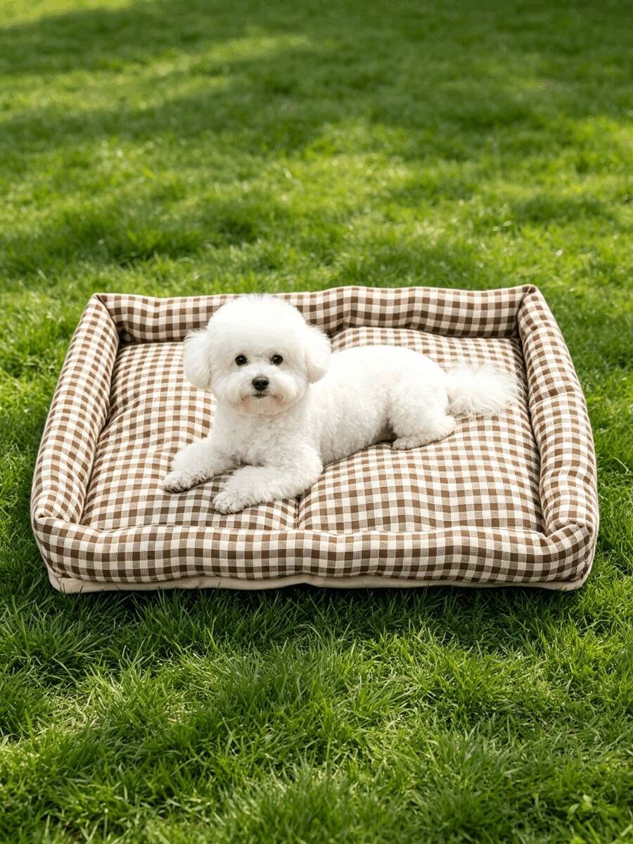 Square brown and white plaid pet bed mat for dogs and cats