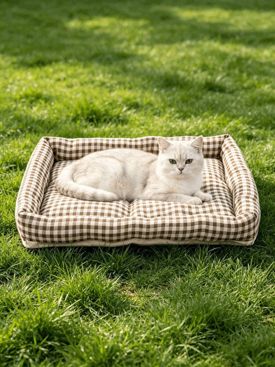 Square brown and white plaid pet bed mat for dogs and cats