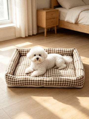 Square brown and white plaid pet bed mat for dogs and cats