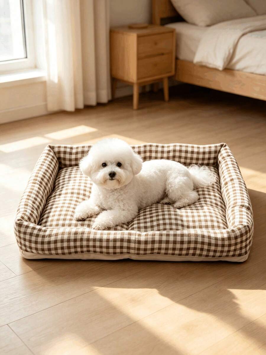 Square brown and white plaid pet bed mat for dogs and cats