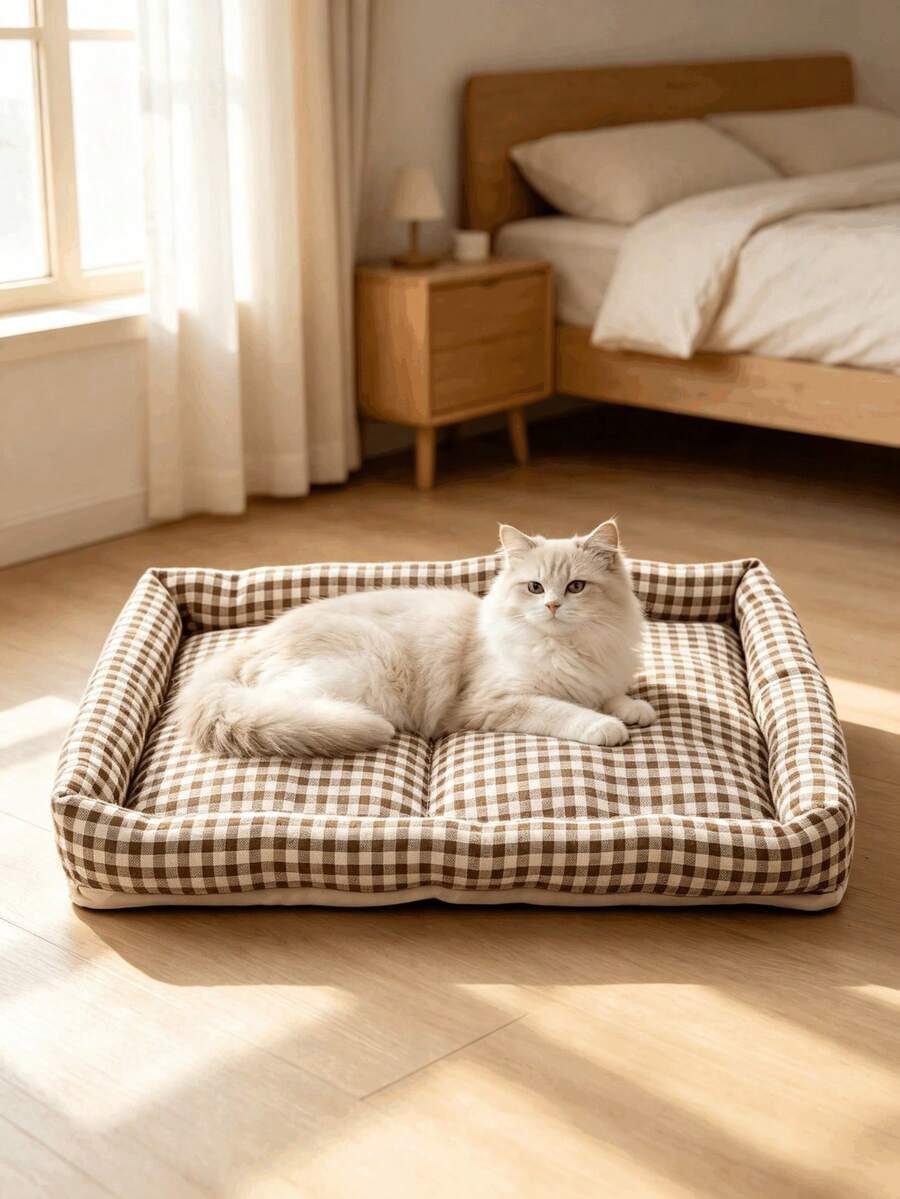 Square brown and white plaid pet bed mat for dogs and cats