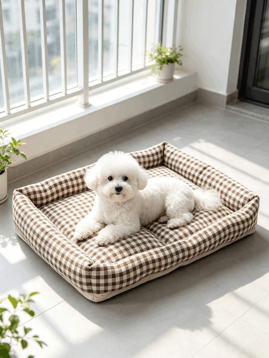 Square brown and white plaid pet bed mat for dogs and cats
