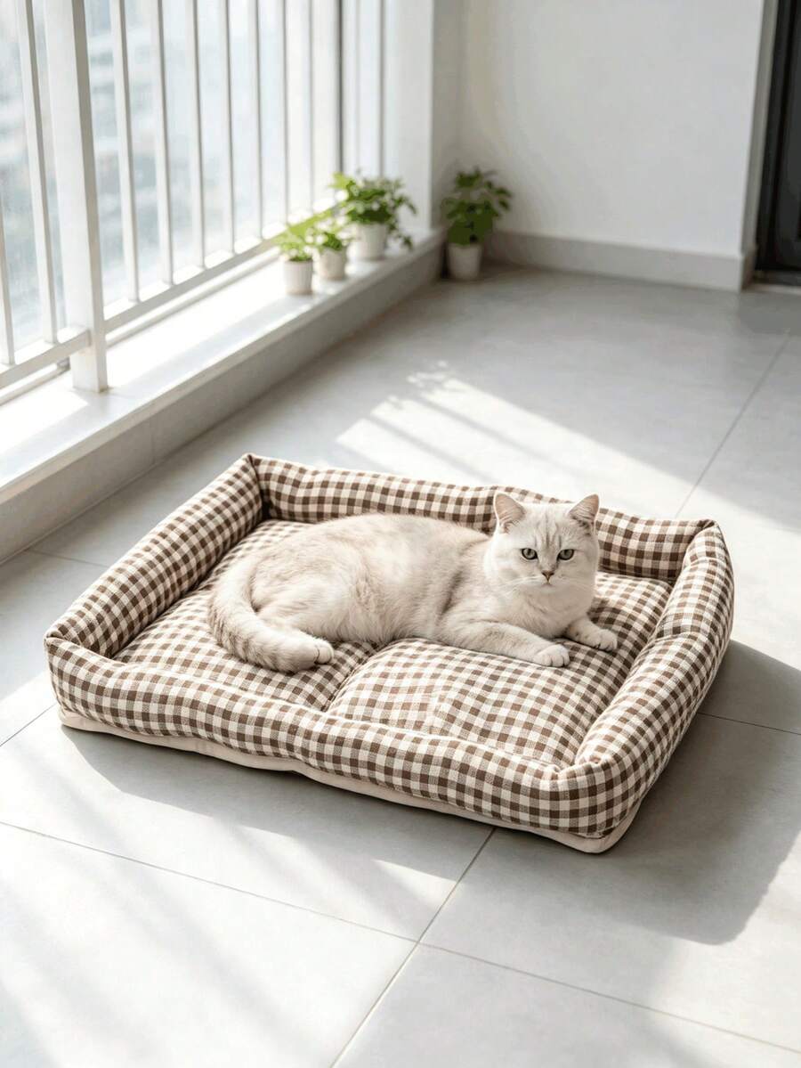 Square brown and white plaid pet bed mat for dogs and cats