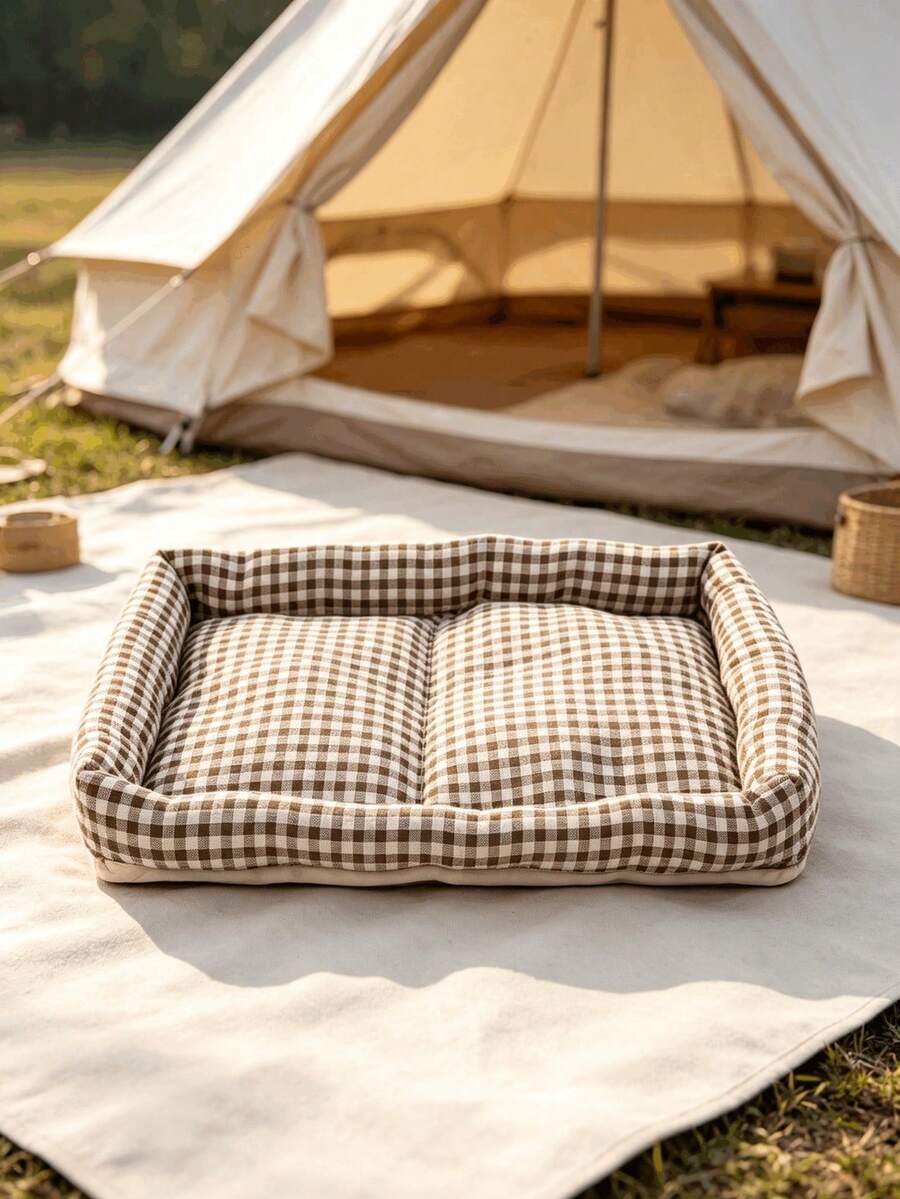 Square brown and white plaid pet bed mat for dogs and cats