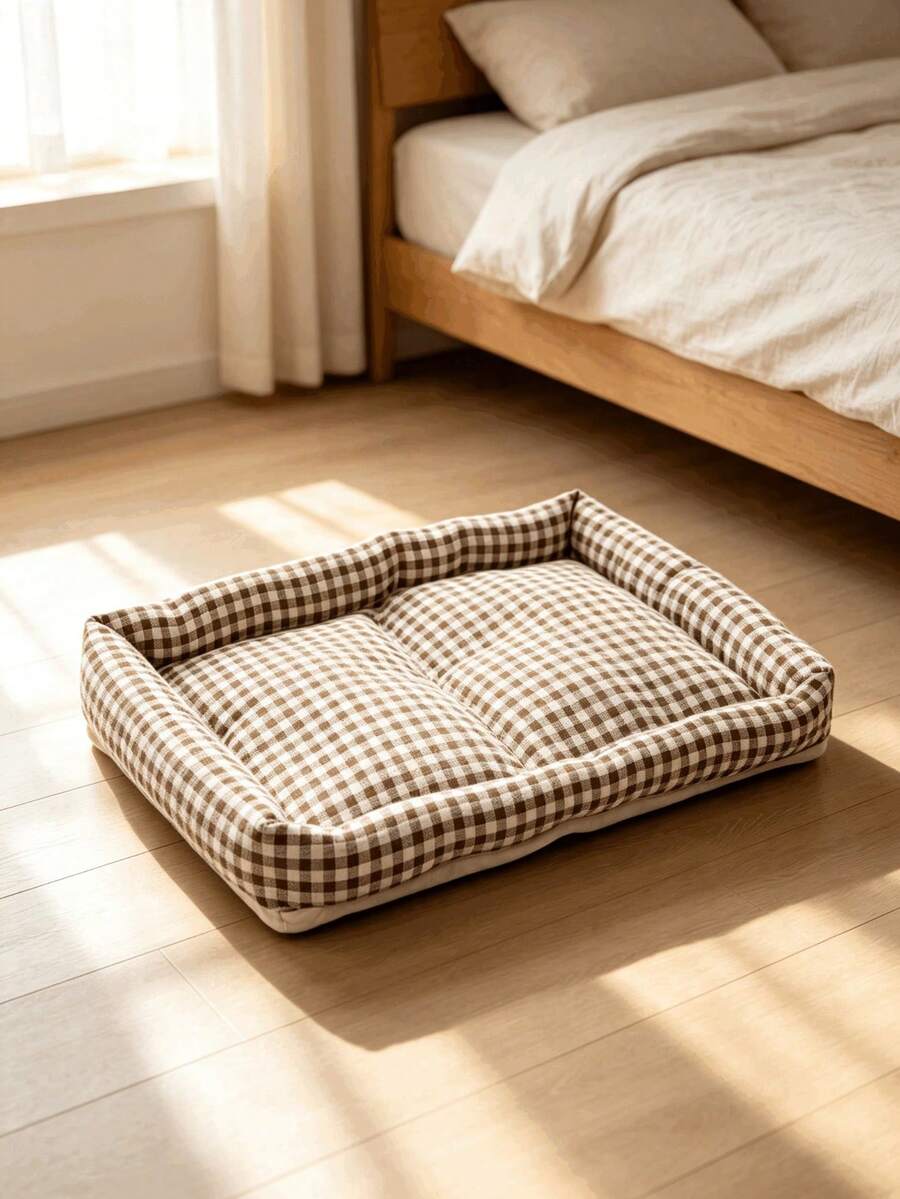 Square brown and white plaid pet bed mat for dogs and cats
