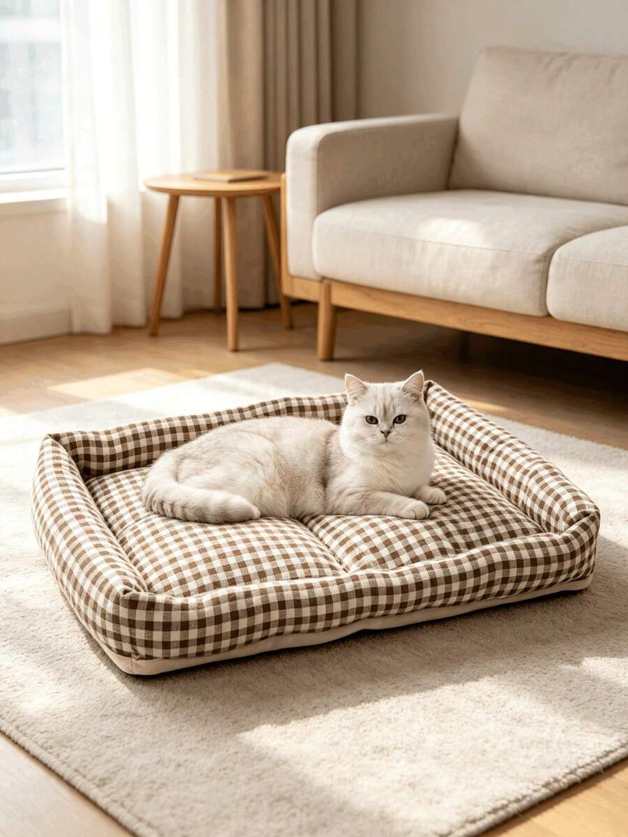 Square brown and white plaid pet bed mat for dogs and cats