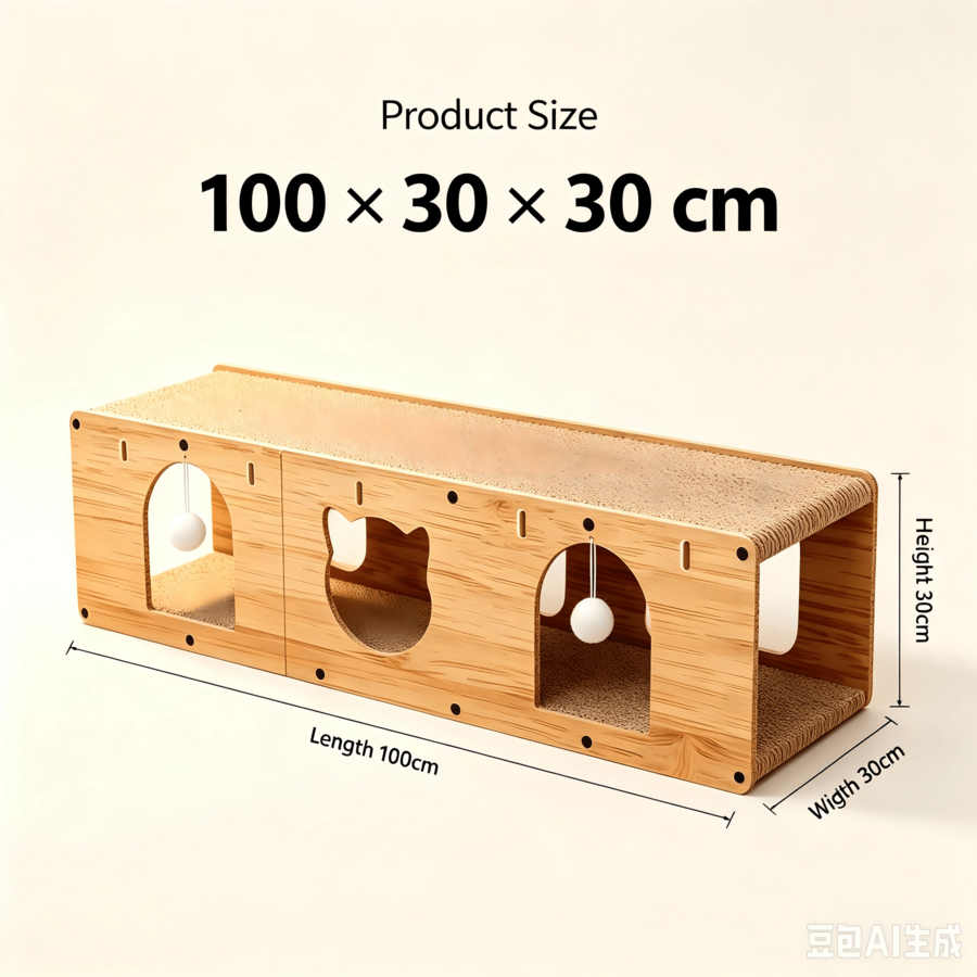 Khaki multi-hole wooden cat tunnel scratcher with sisal wrapping, hanging pom pom balls, and splicable separable hiding cave design for indoor cats.