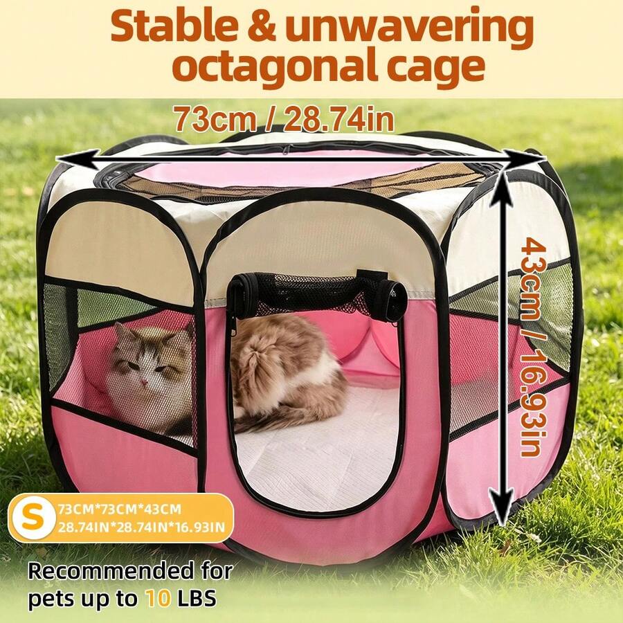 Grey octagonal pet playpen foldable portable enclosure for dogs and cats made of 100% polyester fabric.