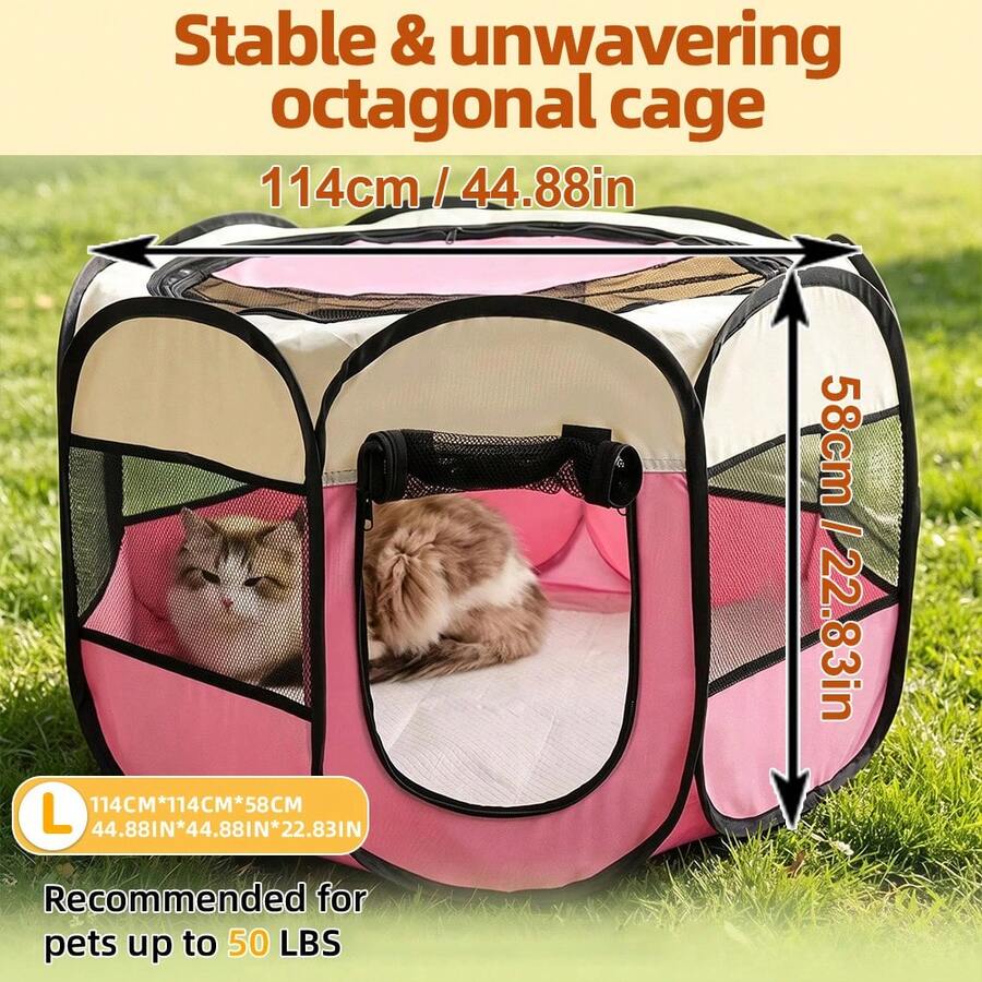 Grey octagonal pet playpen foldable portable enclosure for dogs and cats made of 100% polyester fabric.