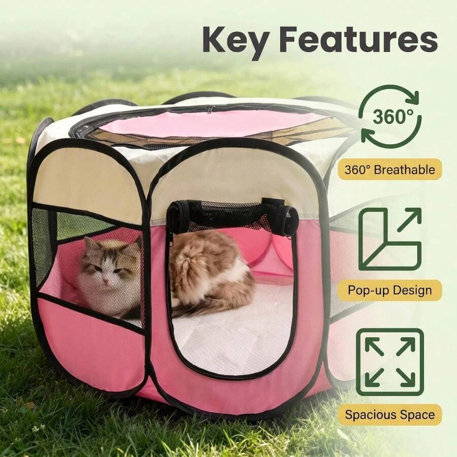 Grey octagonal pet playpen foldable portable enclosure for dogs and cats made of 100% polyester fabric.