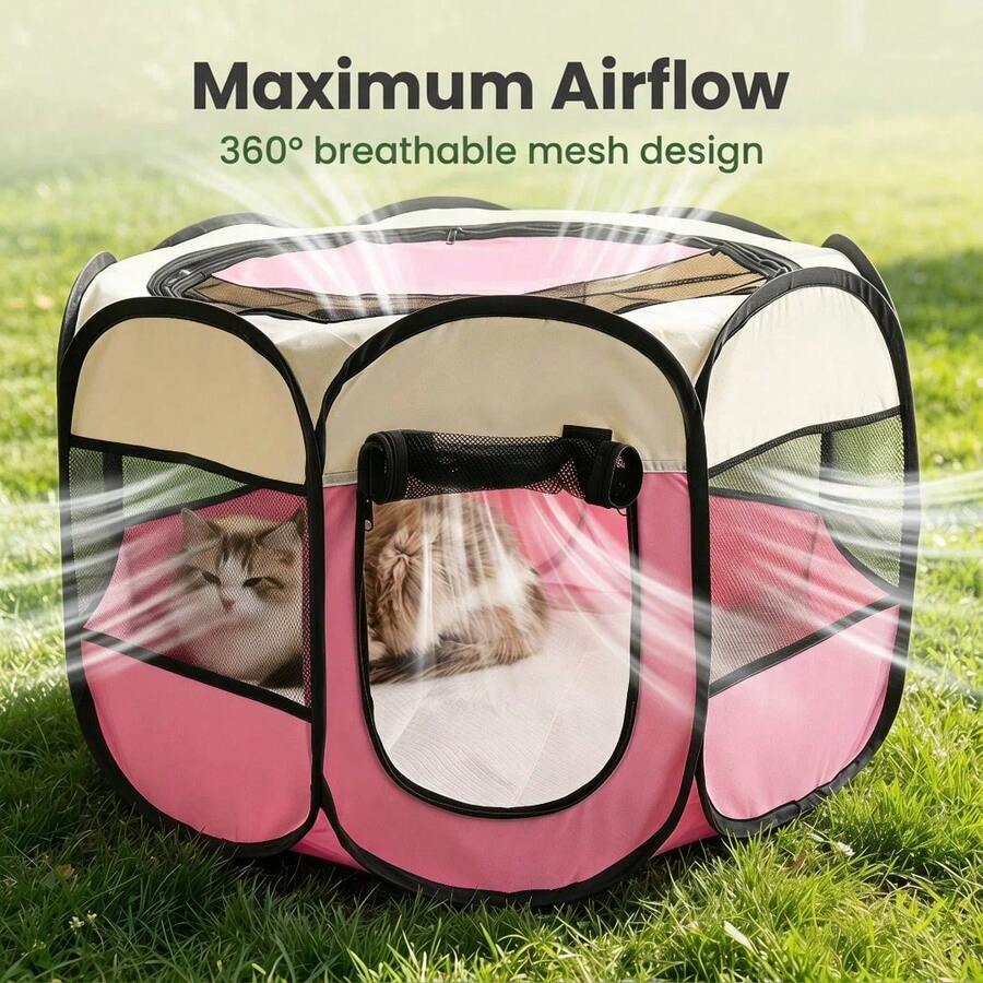 Grey octagonal pet playpen foldable portable enclosure for dogs and cats made of 100% polyester fabric.