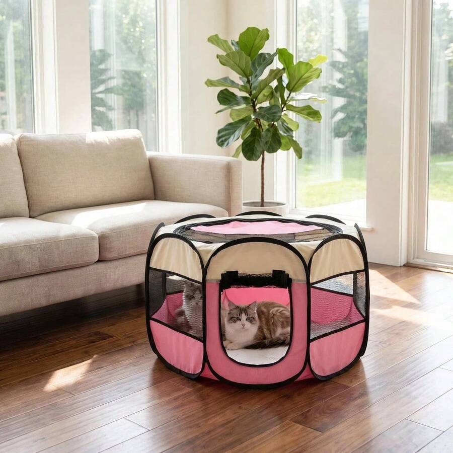 Grey octagonal pet playpen foldable portable enclosure for dogs and cats made of 100% polyester fabric.
