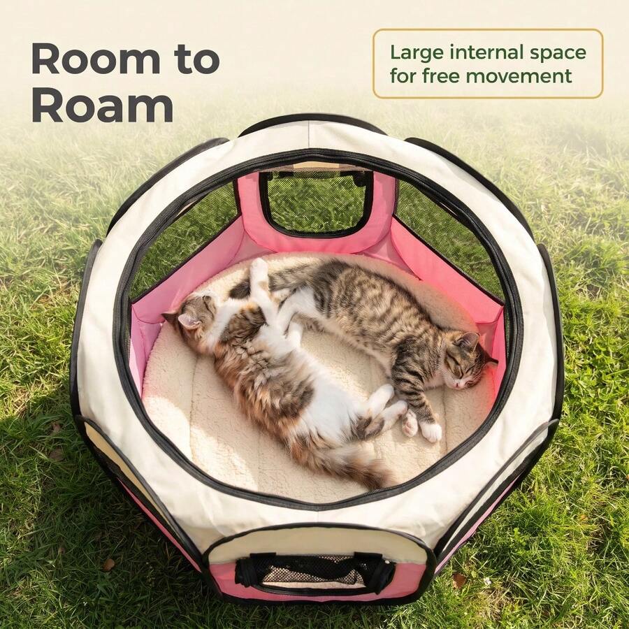 Grey octagonal pet playpen foldable portable enclosure for dogs and cats made of 100% polyester fabric.