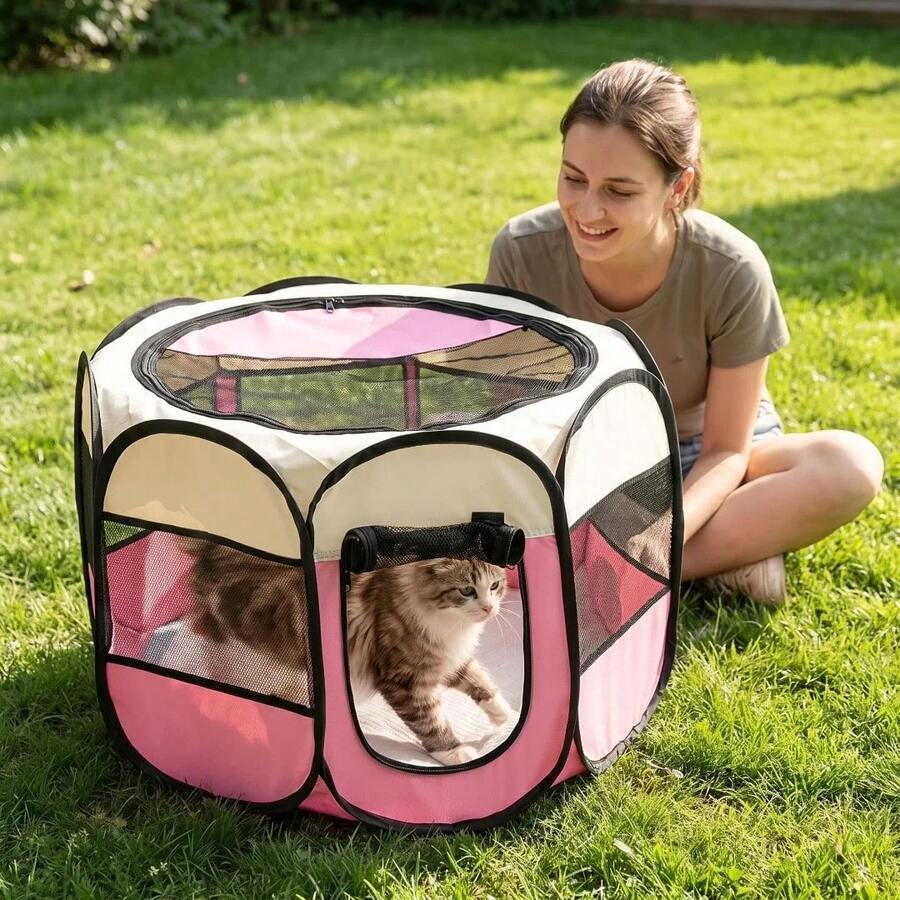 Grey octagonal pet playpen foldable portable enclosure for dogs and cats made of 100% polyester fabric.