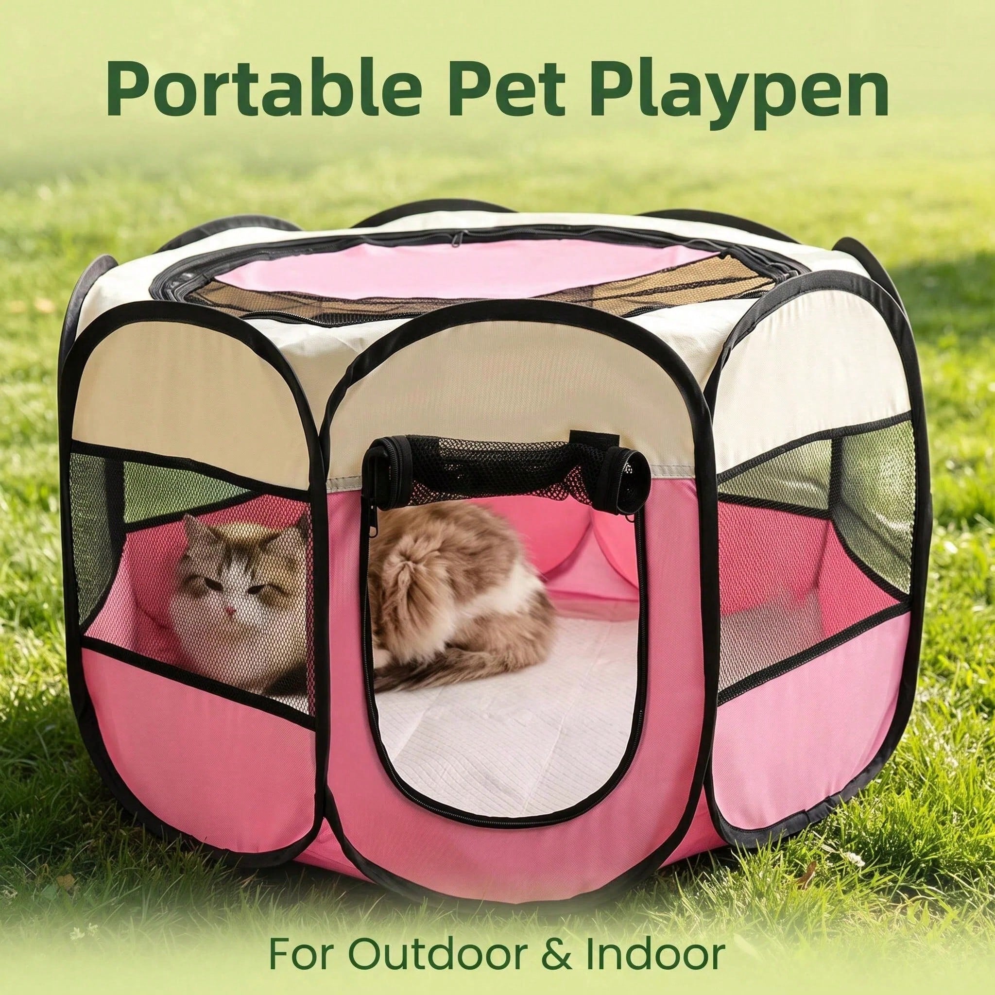 Grey octagonal pet playpen foldable portable enclosure for dogs and cats made of 100% polyester fabric.