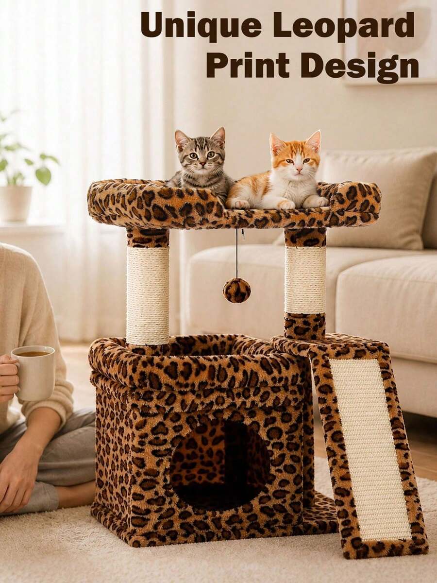 Small vintage cat tree tower for indoor cats featuring a cozy cushioned top perch, soft cat condo, natural sisal scratching posts, and a scratching ladder.