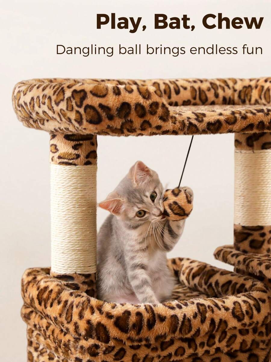 Small vintage cat tree tower for indoor cats featuring a cozy cushioned top perch, soft cat condo, natural sisal scratching posts, and a scratching ladder.