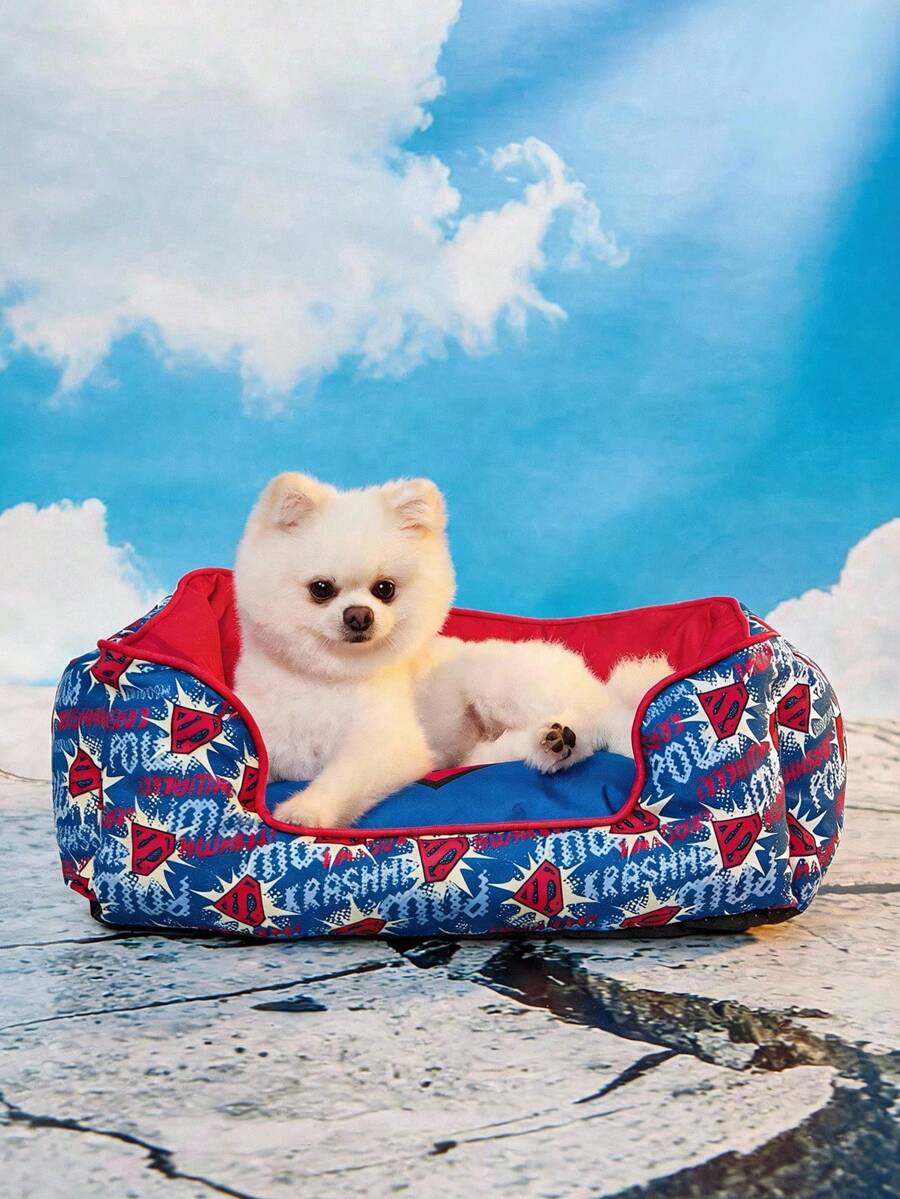 Multicolor pet bed mat with big eyes girl cartoon pattern for cats and dogs featuring a non-slip bottom and washable fabric cover.