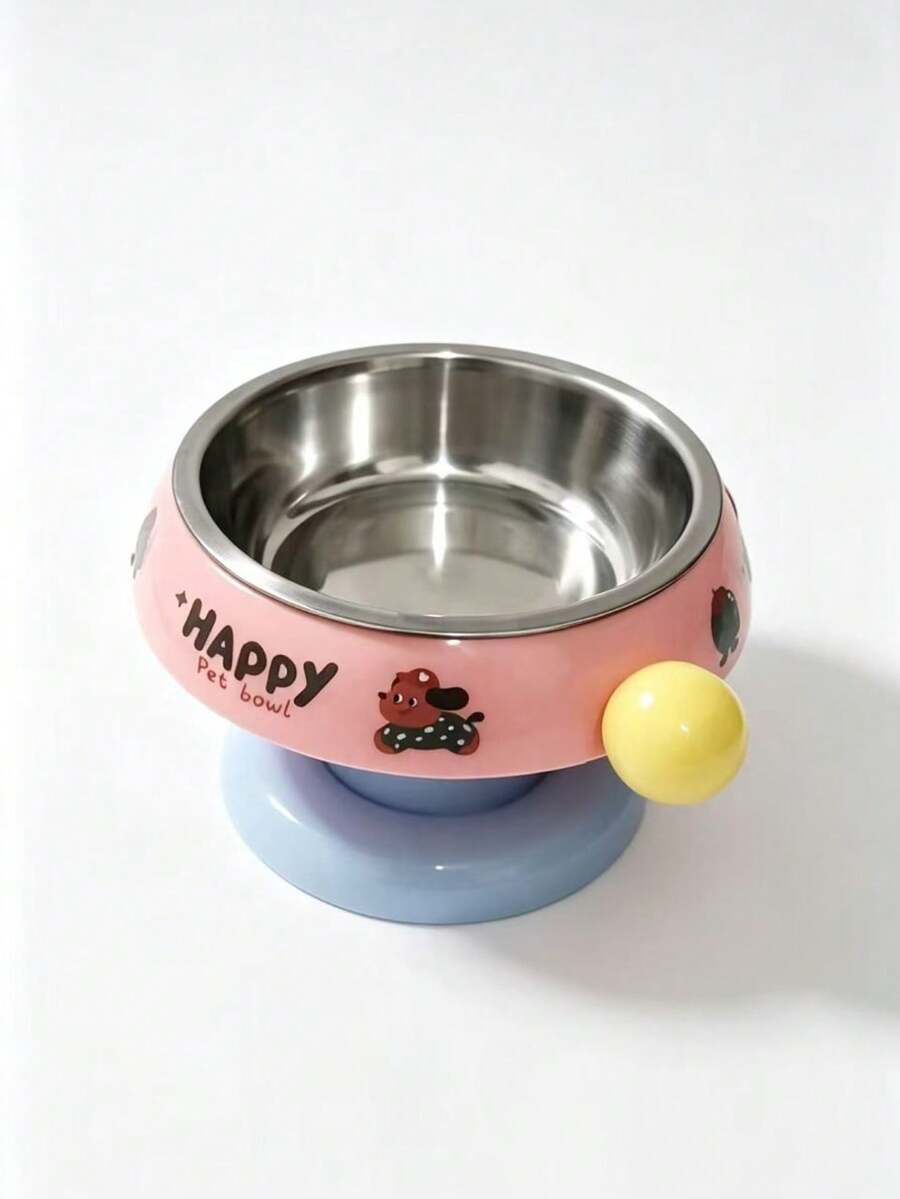 Elevated pet food bowl with cute cartoon style design, stainless steel lining, PP stand, and anti-slip base for cats and dogs.