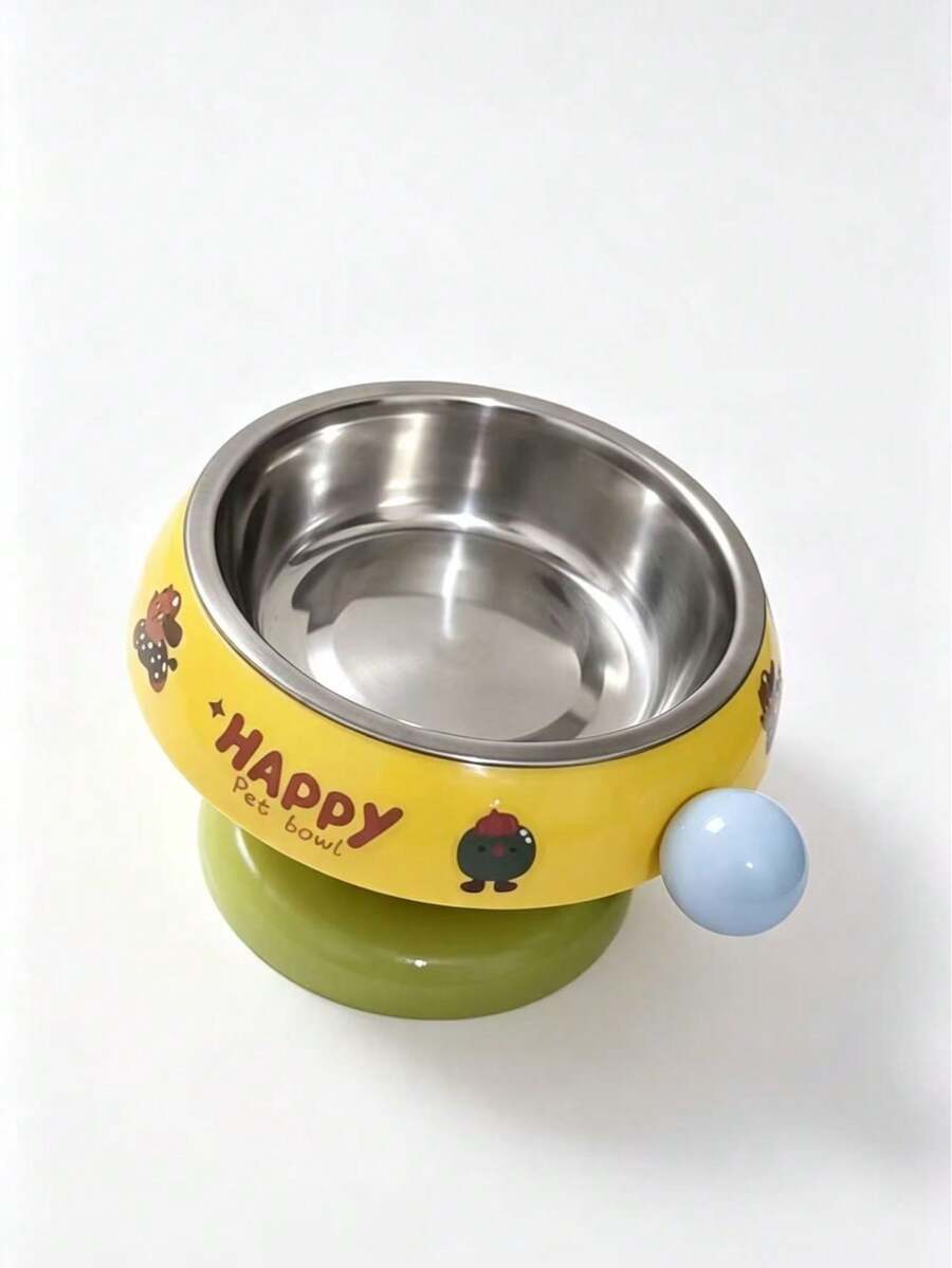 Elevated pet food bowl with cute cartoon style design, stainless steel lining, PP stand, and anti-slip base for cats and dogs.