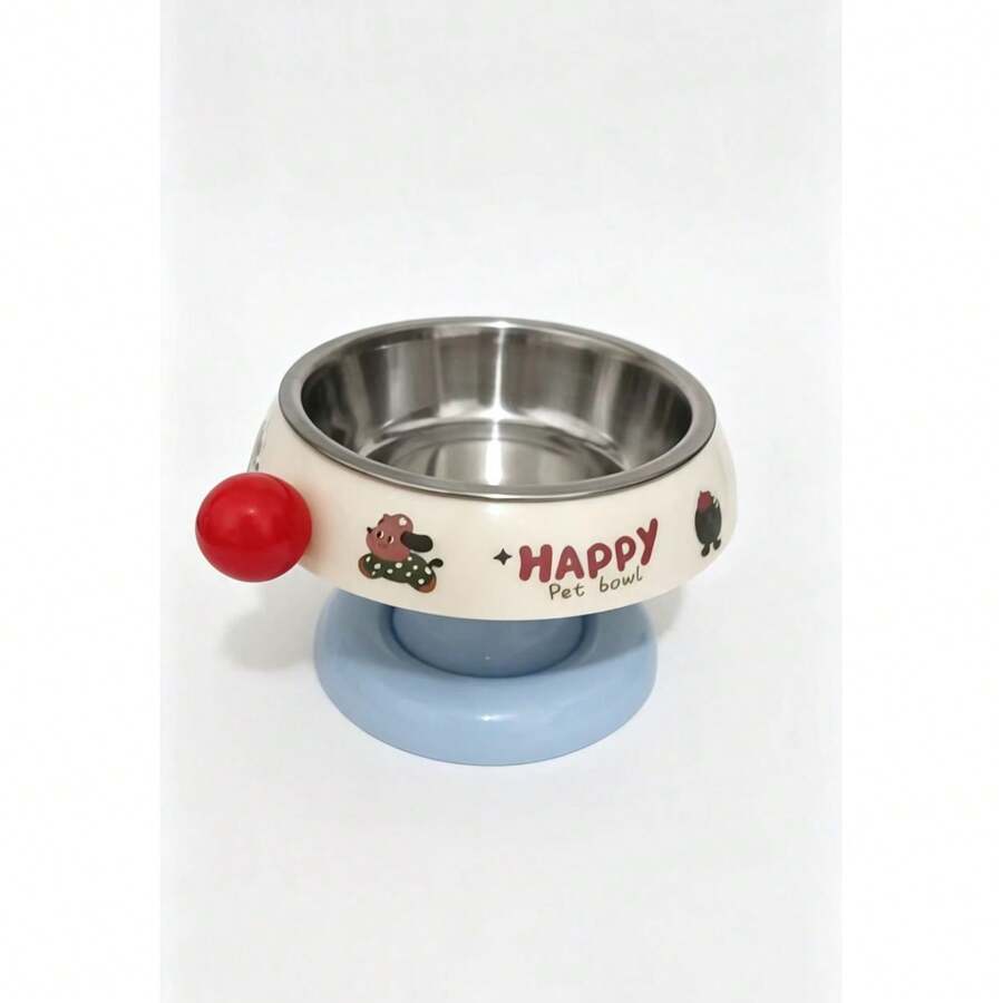 Elevated pet food bowl with cute cartoon style design, stainless steel lining, PP stand, and anti-slip base for cats and dogs.