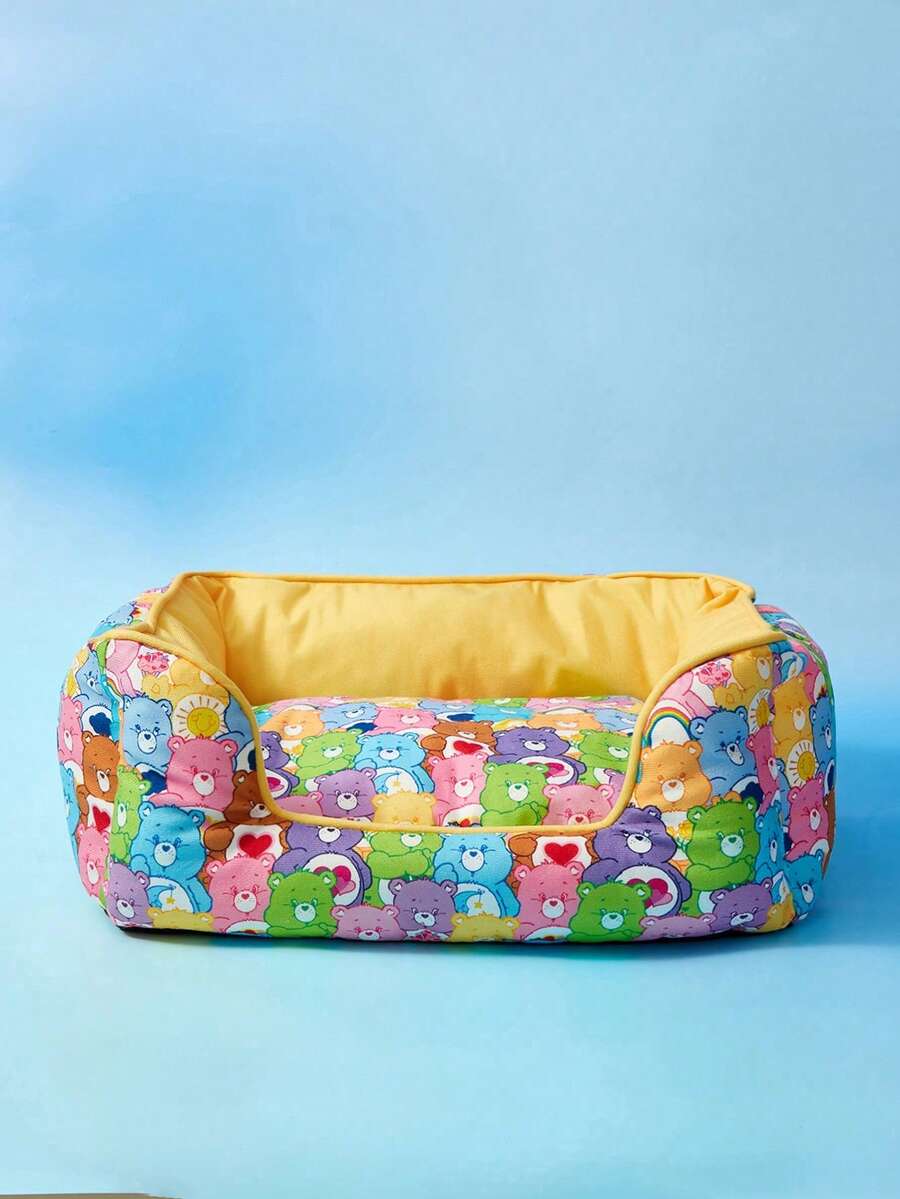 Multicolor pet bed mat with big eyes girl cartoon pattern for cats and dogs featuring a non-slip bottom and washable fabric cover.
