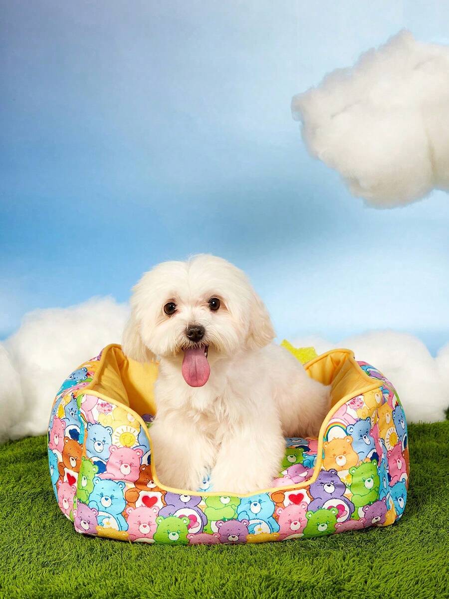 Multicolor pet bed mat with big eyes girl cartoon pattern for cats and dogs featuring a non-slip bottom and washable fabric cover.