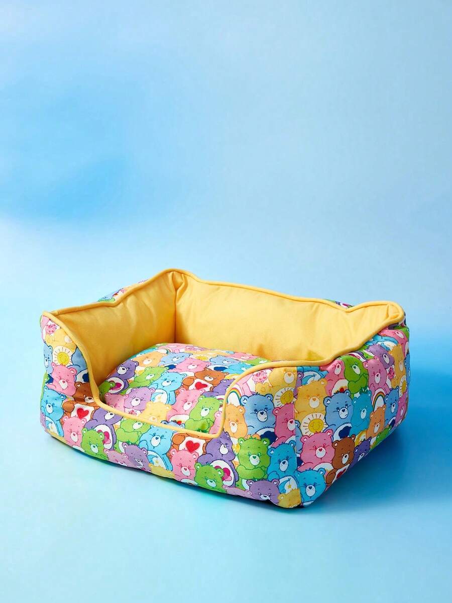 Multicolor pet bed mat with big eyes girl cartoon pattern for cats and dogs featuring a non-slip bottom and washable fabric cover.