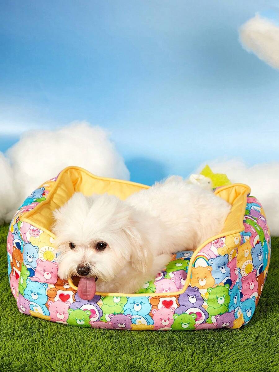 Multicolor pet bed mat with big eyes girl cartoon pattern for cats and dogs featuring a non-slip bottom and washable fabric cover.