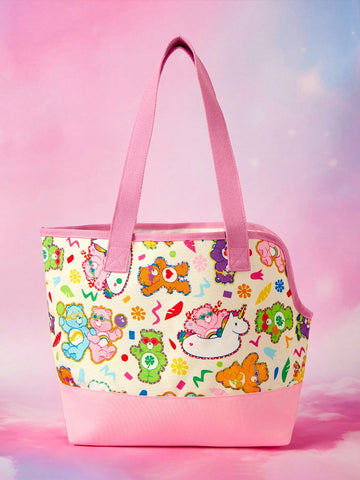 Pink allover print pet carrier tote bag made of durable polyester material for small pets.