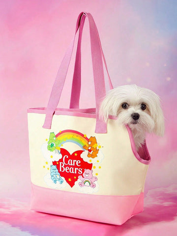 Pink and white canvas pet carrier tote bag with cute cartoon print, dual top handles, and shoulder strap for small dogs and cats.