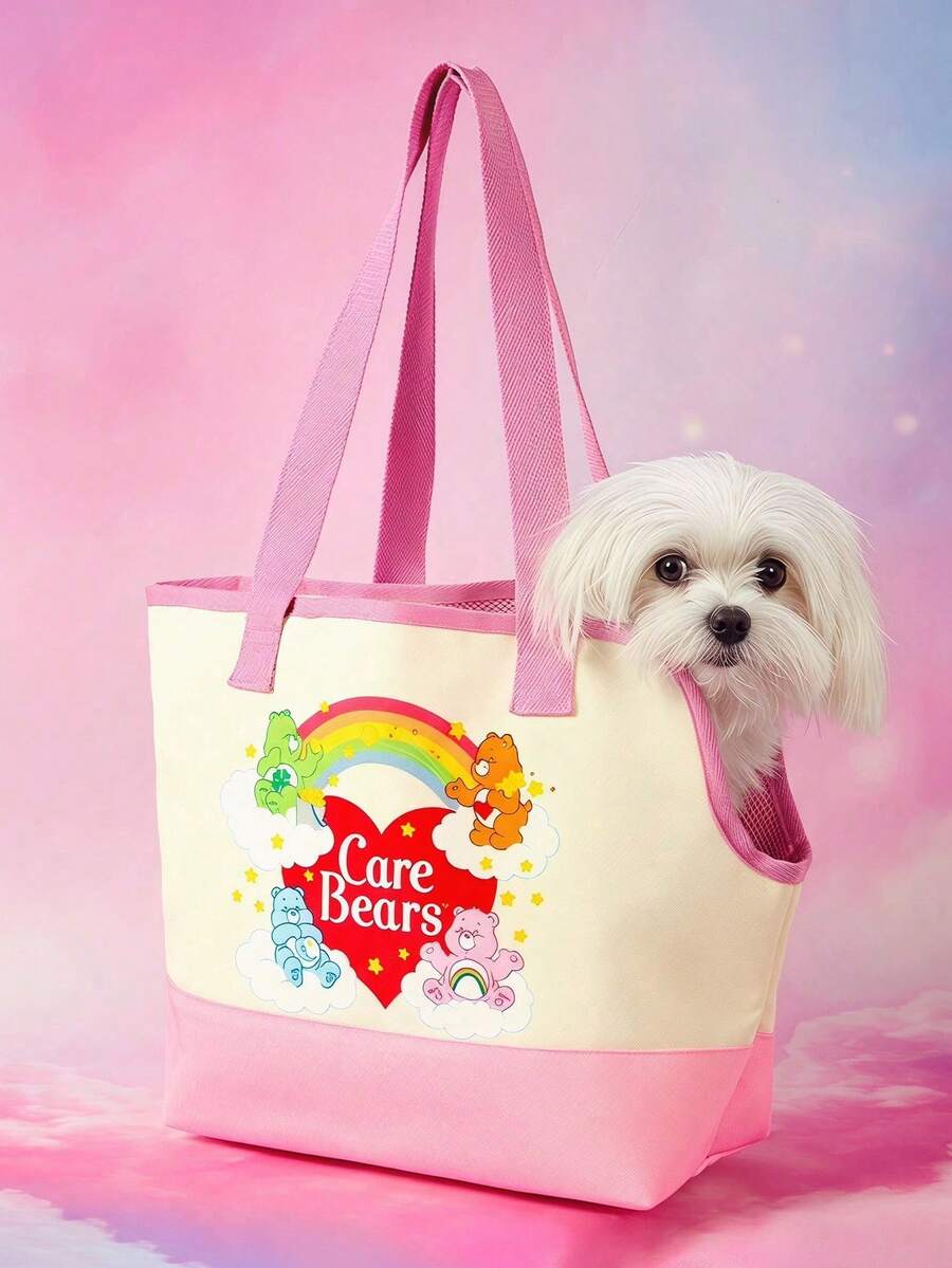 Pink and white canvas pet carrier tote bag with cute cartoon print, dual top handles, and shoulder strap for small dogs and cats.