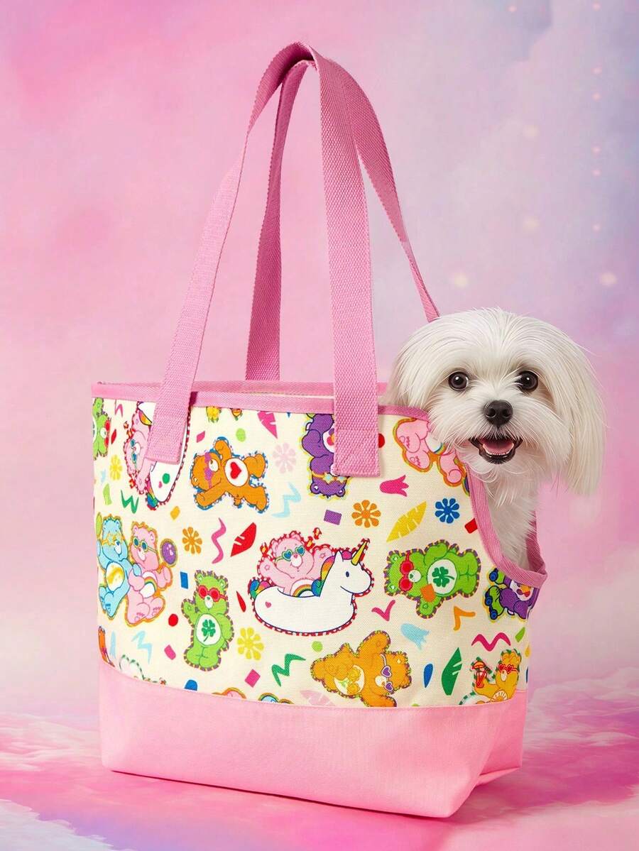 Pink allover print pet carrier tote bag made of durable polyester material for small pets.