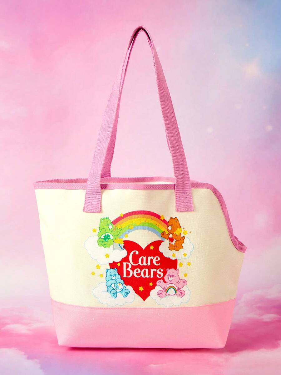 Pink and white canvas pet carrier tote bag with cute cartoon print, dual top handles, and shoulder strap for small dogs and cats.